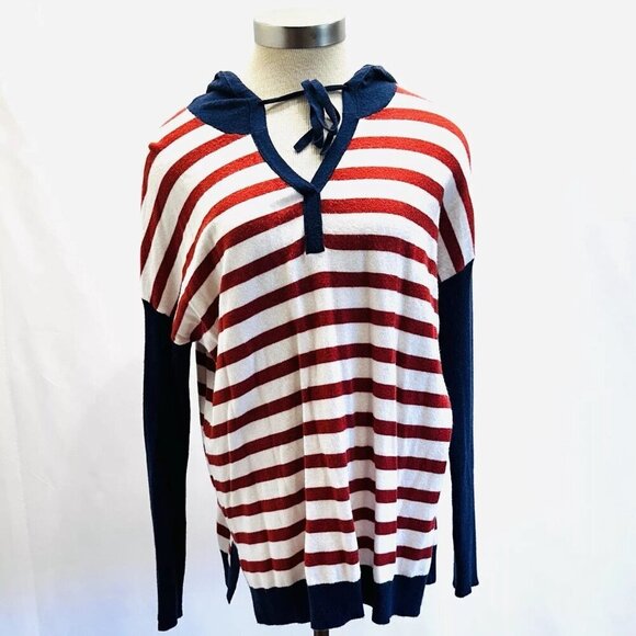 CASLON Women Long Sleeve Pullover V-Neck Hooded Striped Knitted Sweater Sz Large - Picture 1 of 12